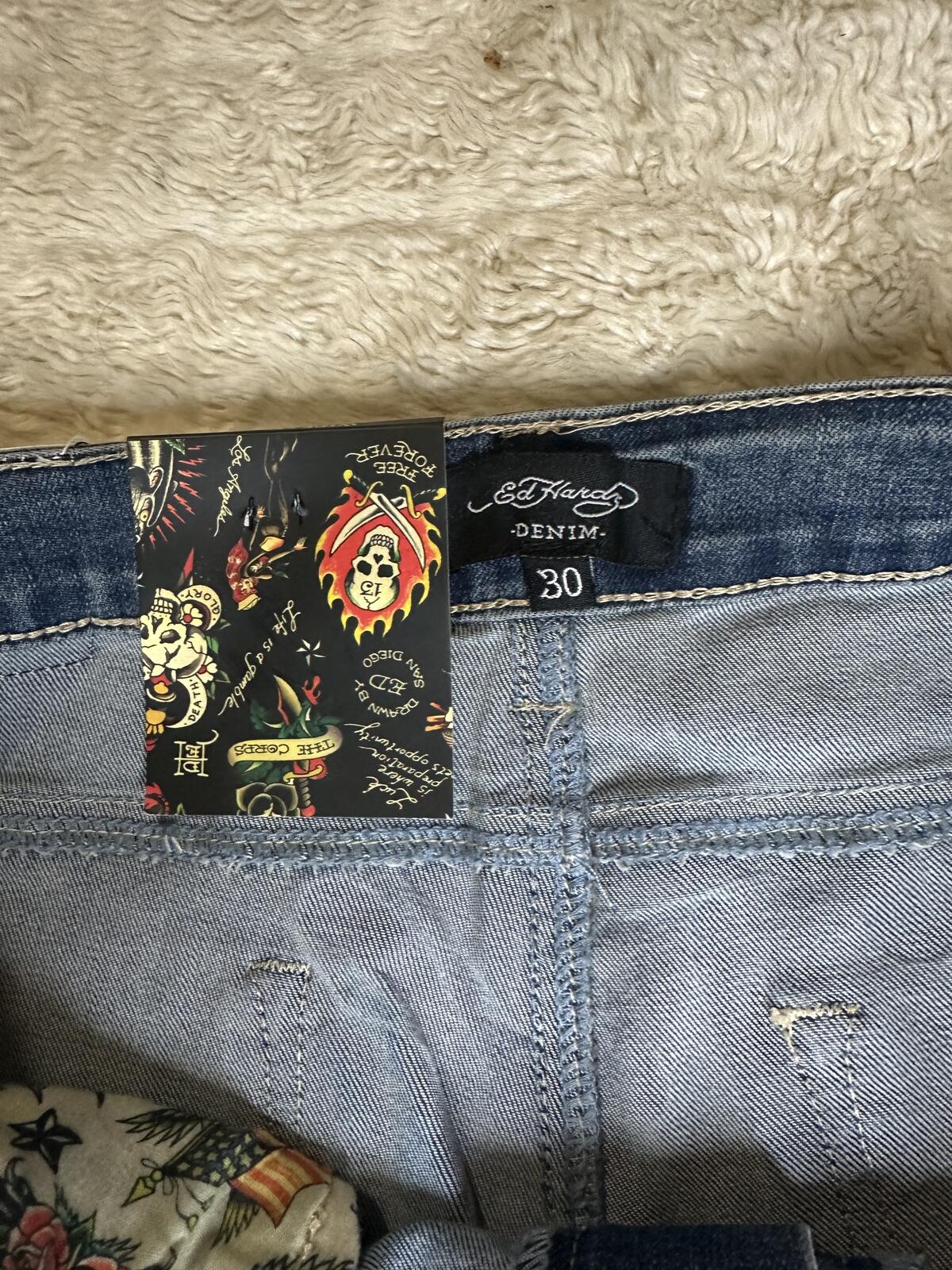 Ed Hardy medium wash embroidered eagle heart tattoo wide leg denim jeans Size 30