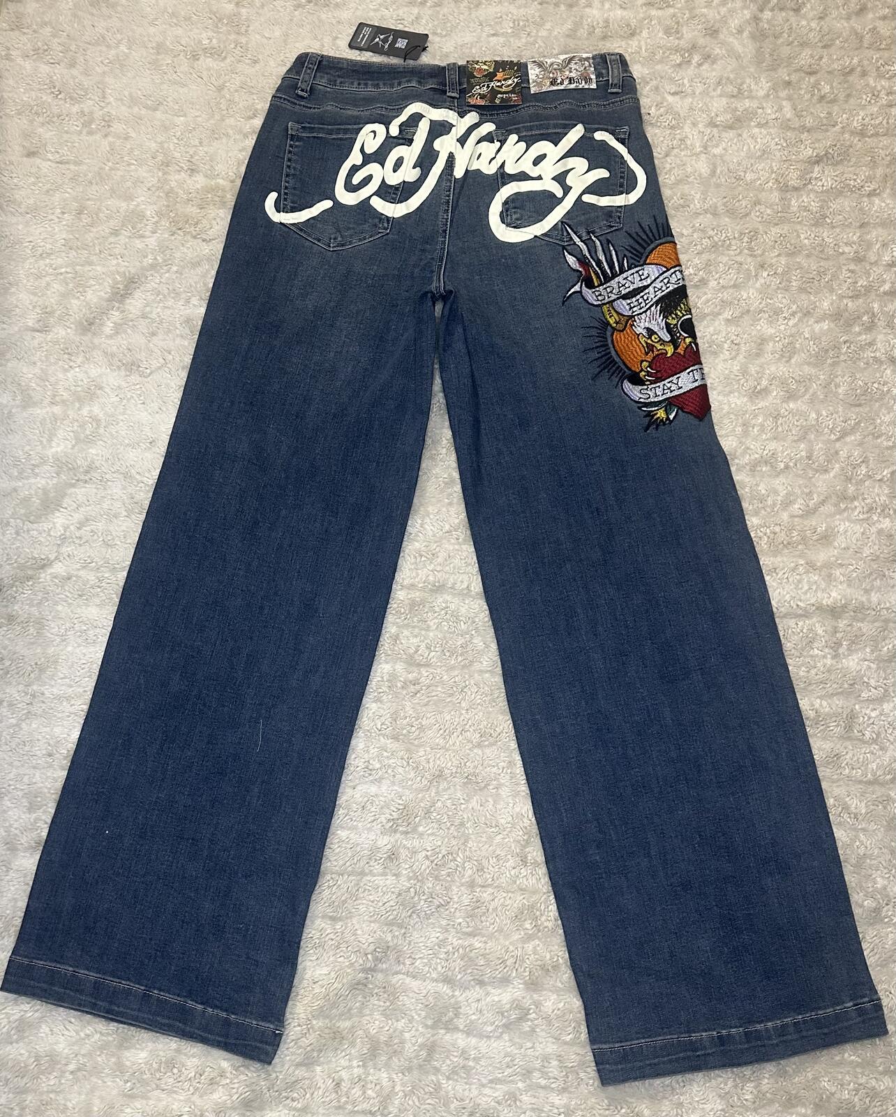 Ed Hardy medium wash embroidered eagle heart tattoo wide leg denim jeans Size 30