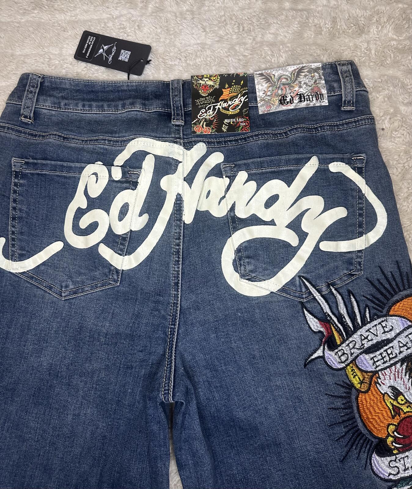 Ed Hardy medium wash embroidered eagle heart tattoo wide leg denim jeans Size 30