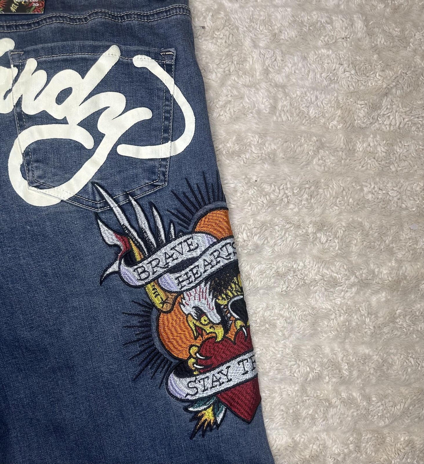 Ed Hardy medium wash embroidered eagle heart tattoo wide leg denim jeans Size 30