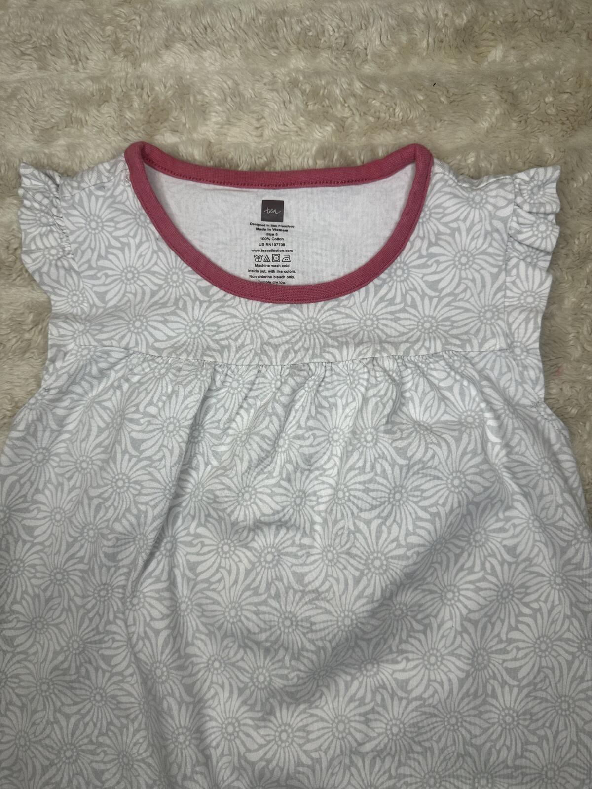 Tea Collection grey white pink floral flutter sleeve empire waist dress Size 8