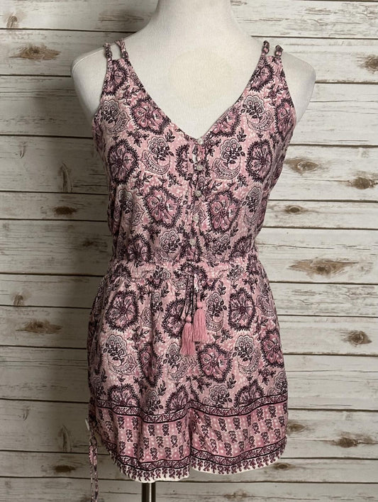 Hollister pink burgundy floral tassel drawstring romper Small boho festival