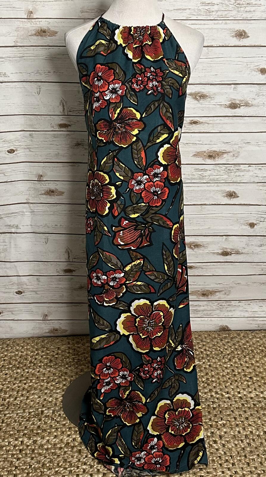 Ann Taylor LOFT teal floral linen-blend halter maxi dress XS coastal tropical