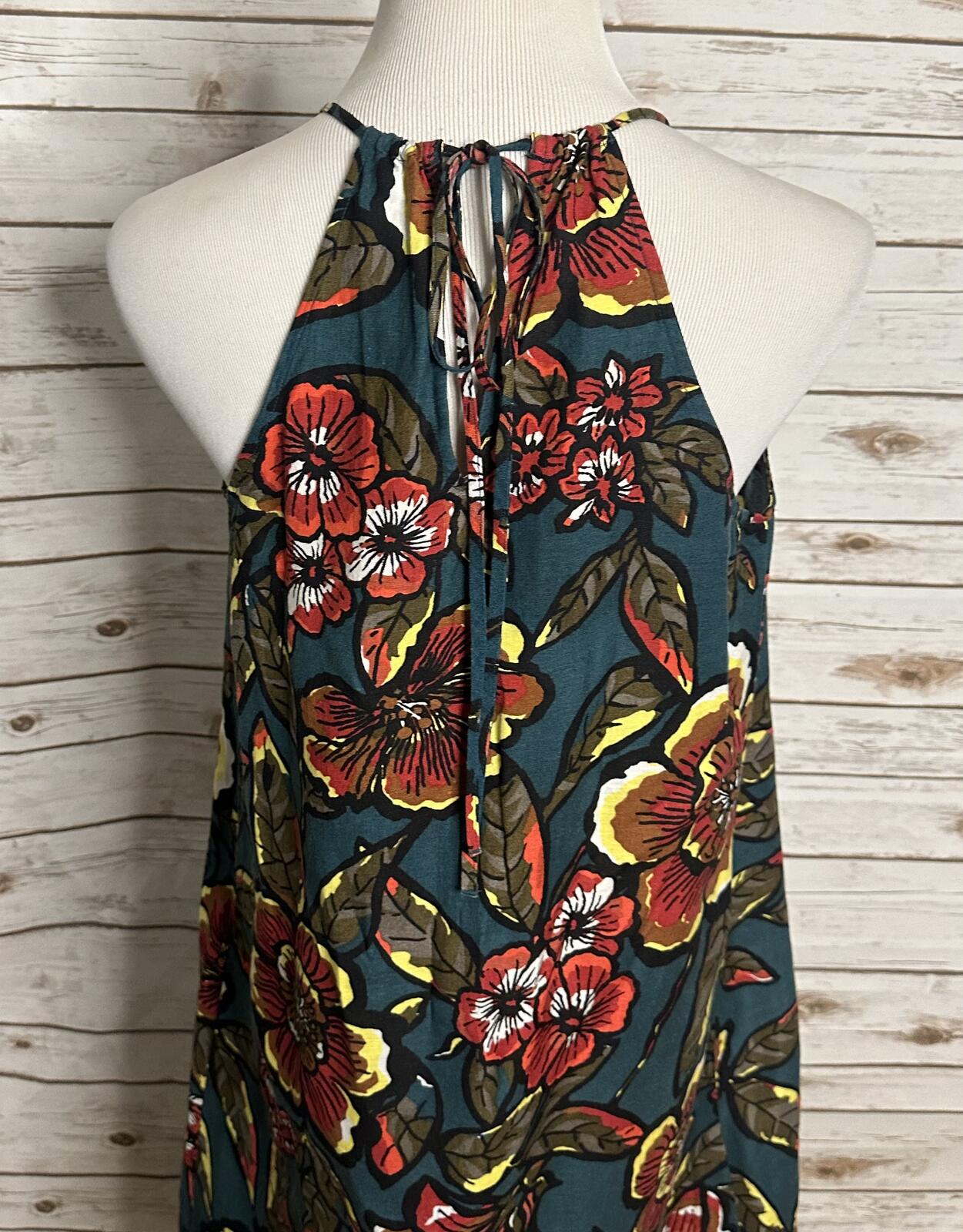 Ann Taylor LOFT teal floral linen-blend halter maxi dress XS coastal tropical