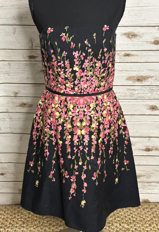 LOFT floral strapless fit & flare dress Size 6 black pink cottagecore feminine