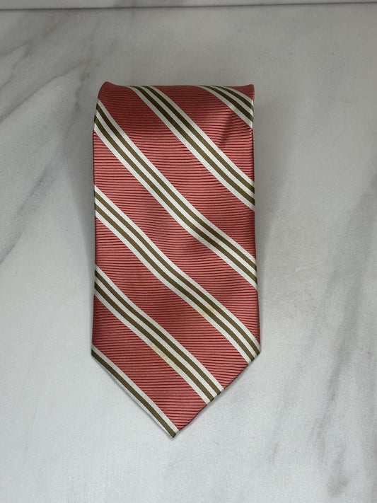 Brooks Brothers coral white gold repp striped 100% silk tie classic made in USA