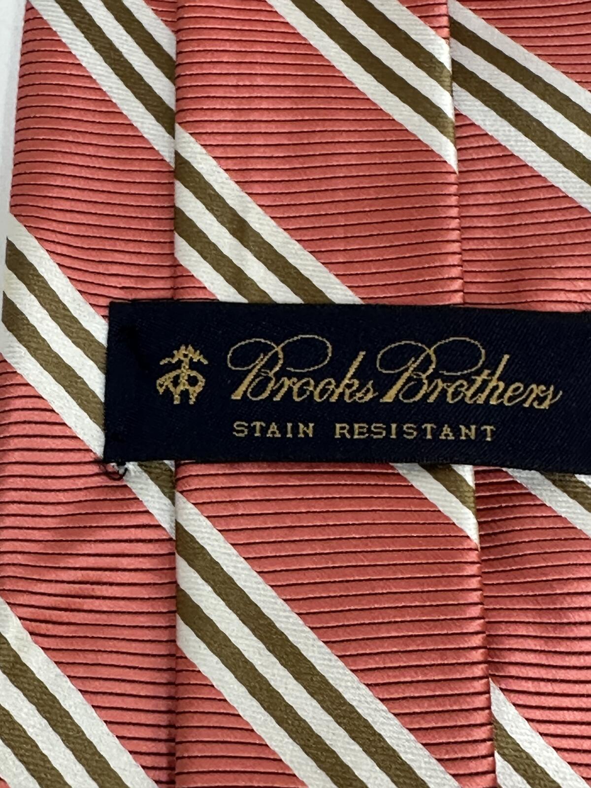 Brooks Brothers coral white gold repp striped 100% silk tie classic made in USA
