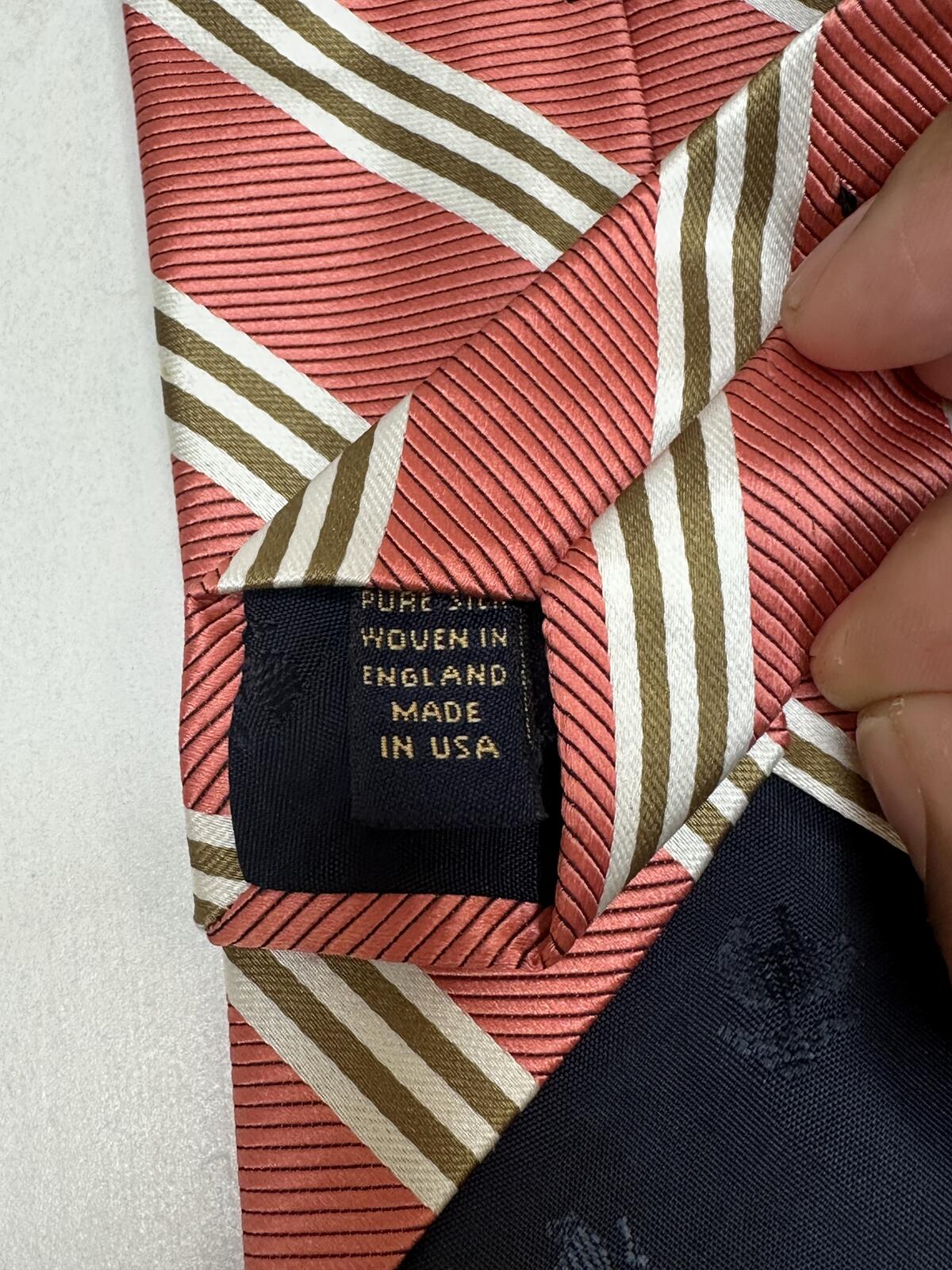 Brooks Brothers coral white gold repp striped 100% silk tie classic made in USA