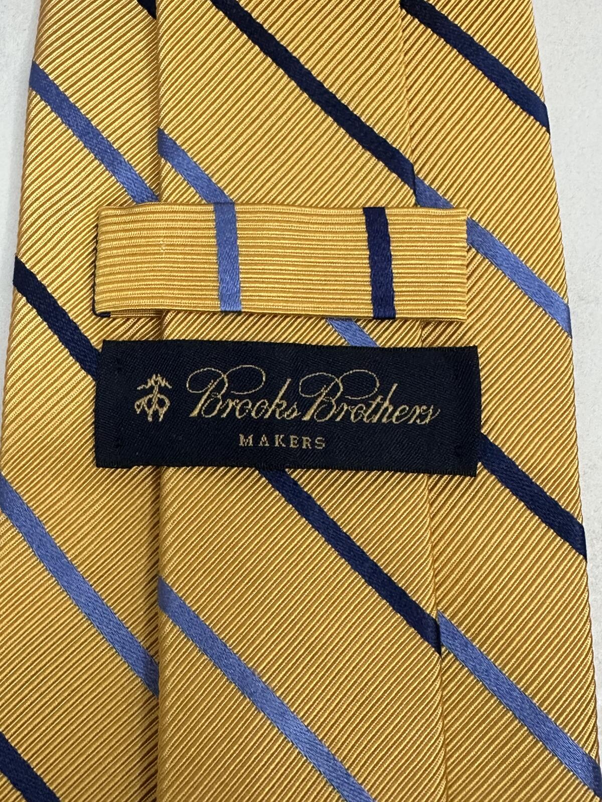 Brooks Brothers Makers yellow blue repp striped English silk-cotton blend tie