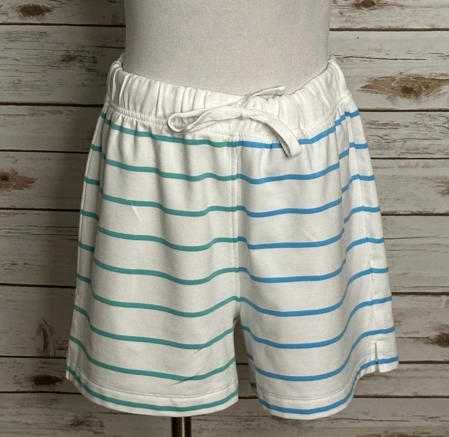 J.Crew white green blue striped drawstring knit shorts Medium coastal nautical