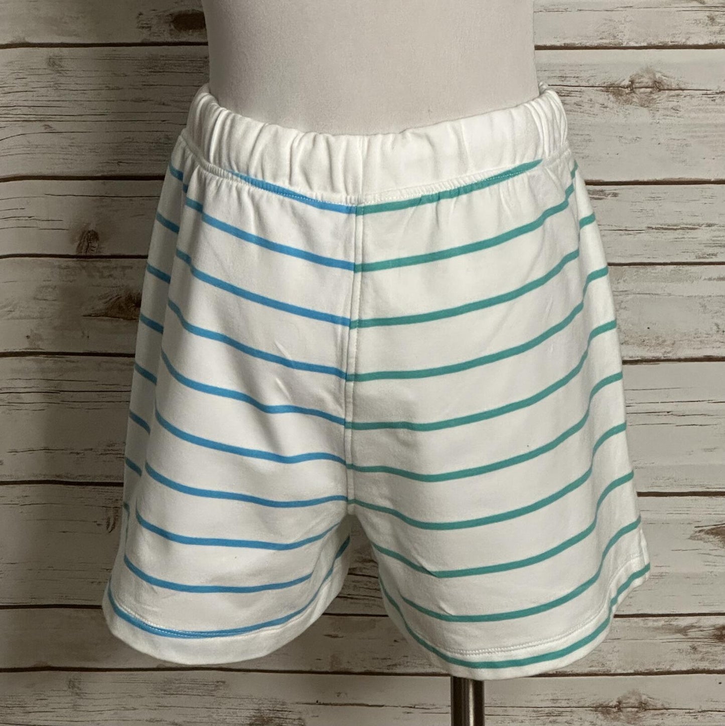J.Crew white green blue striped drawstring knit shorts Medium coastal nautical