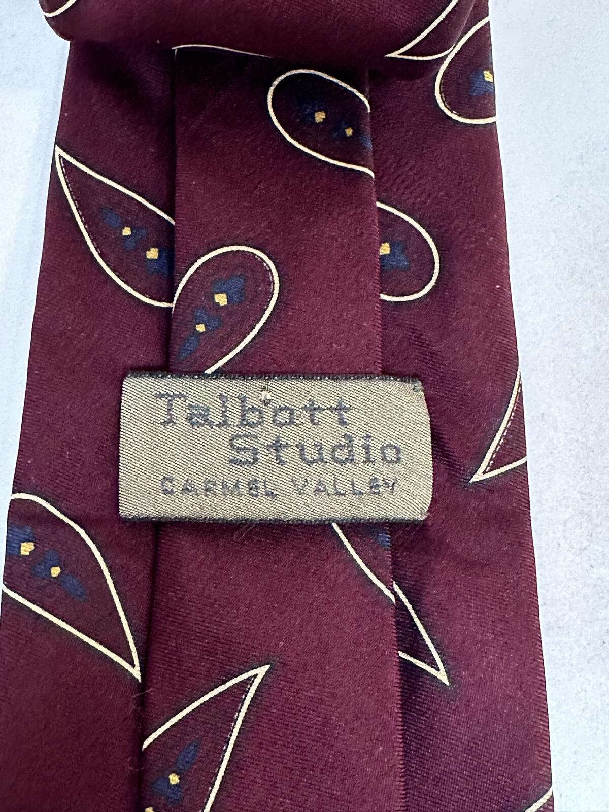 Vintage Talbott Studio burgundy cream paisley 100% Italian silk tie made in USA