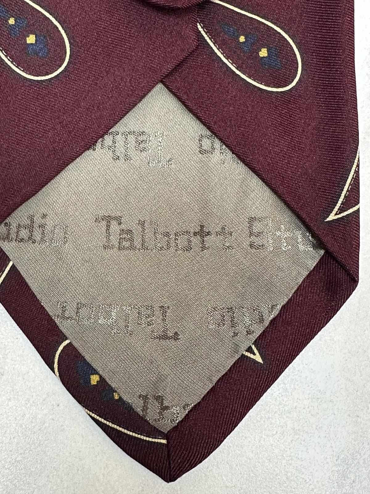 Vintage Talbott Studio burgundy cream paisley 100% Italian silk tie made in USA
