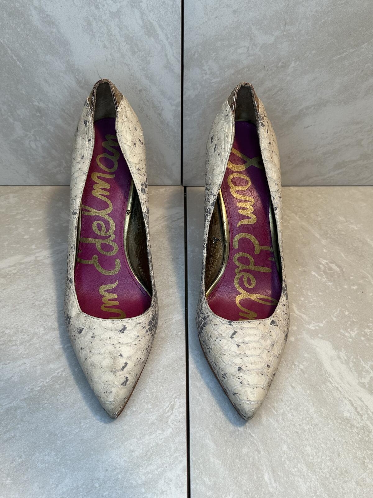 Sam Edelman Celia ivory grey snakeskin pointed toe platform pumps/heel Size 9M