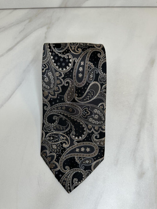 Geoffrey Beene black silver taupe floral paisley silk tie old money quiet luxury