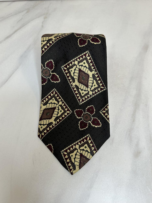 Vintage Talbott Studio grey burgundy cream tribal 100% English silk tie made in USA