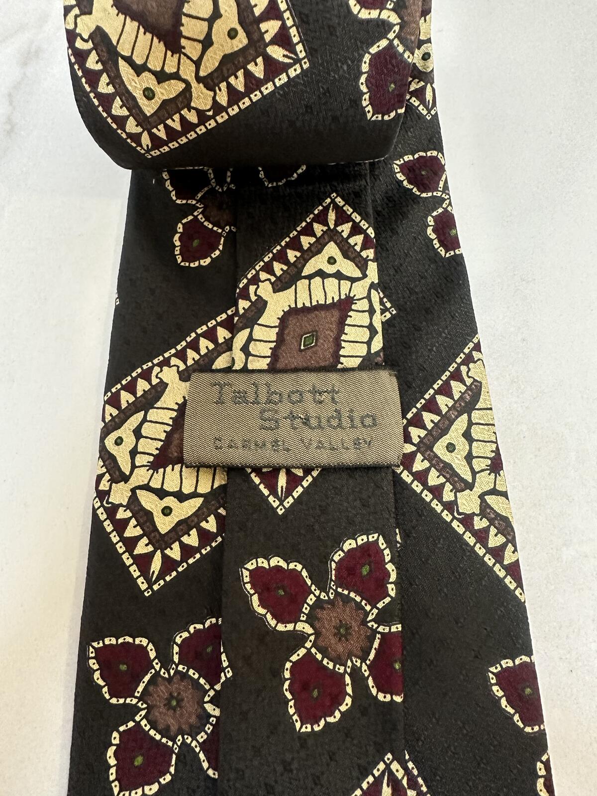 Vintage Talbott Studio grey burgundy cream tribal 100% English silk tie made in USA
