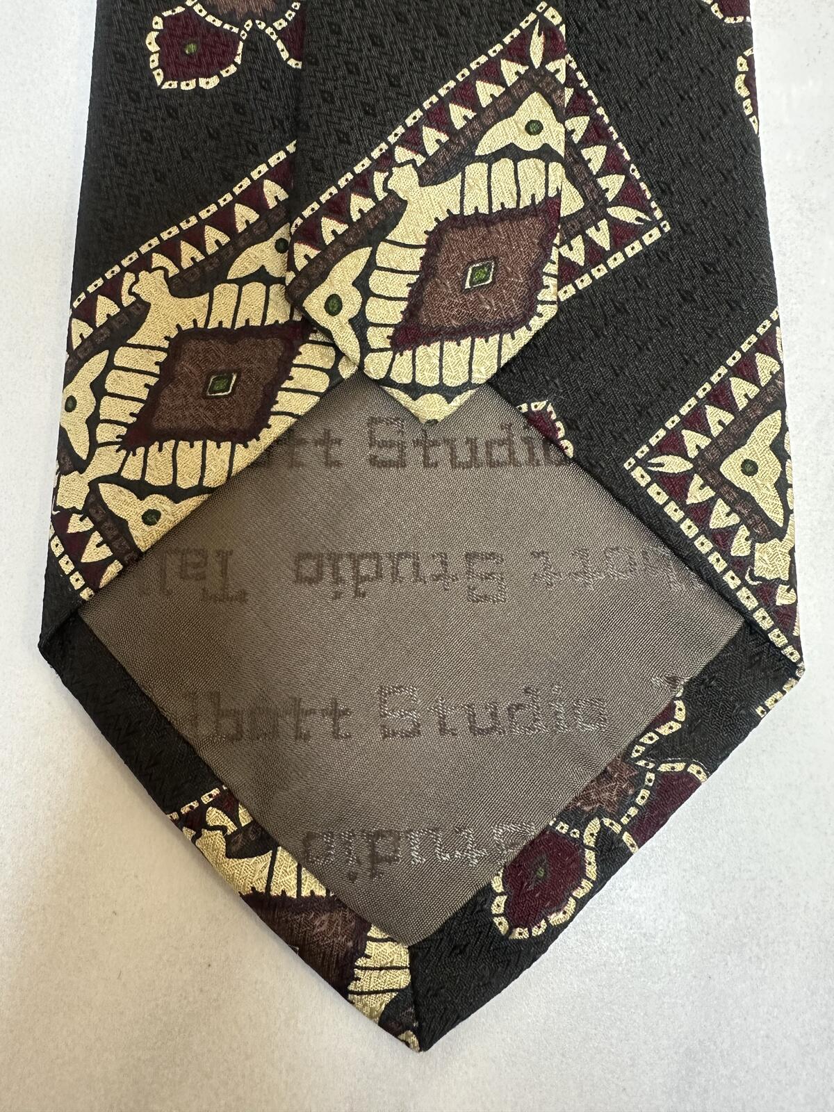 Vintage Talbott Studio grey burgundy cream tribal 100% English silk tie made in USA