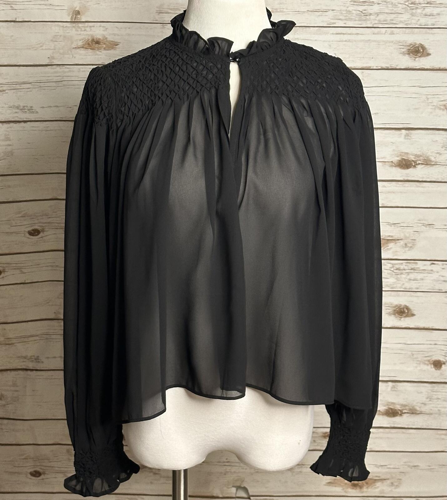 Tuckernuck black smocked sheer chiffon ruffle neck long sleeve poet blouse Small
