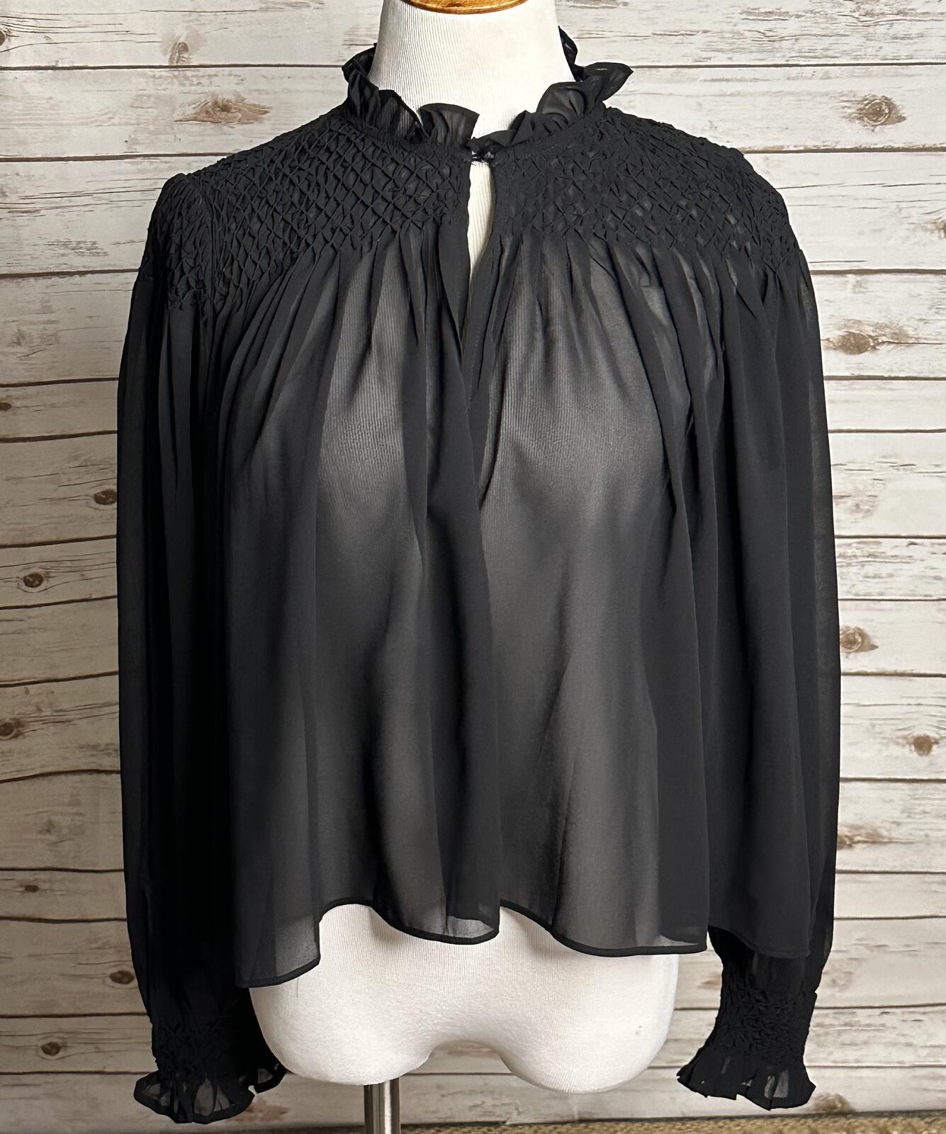 Tuckernuck black smocked sheer chiffon ruffle neck long sleeve poet blouse Small