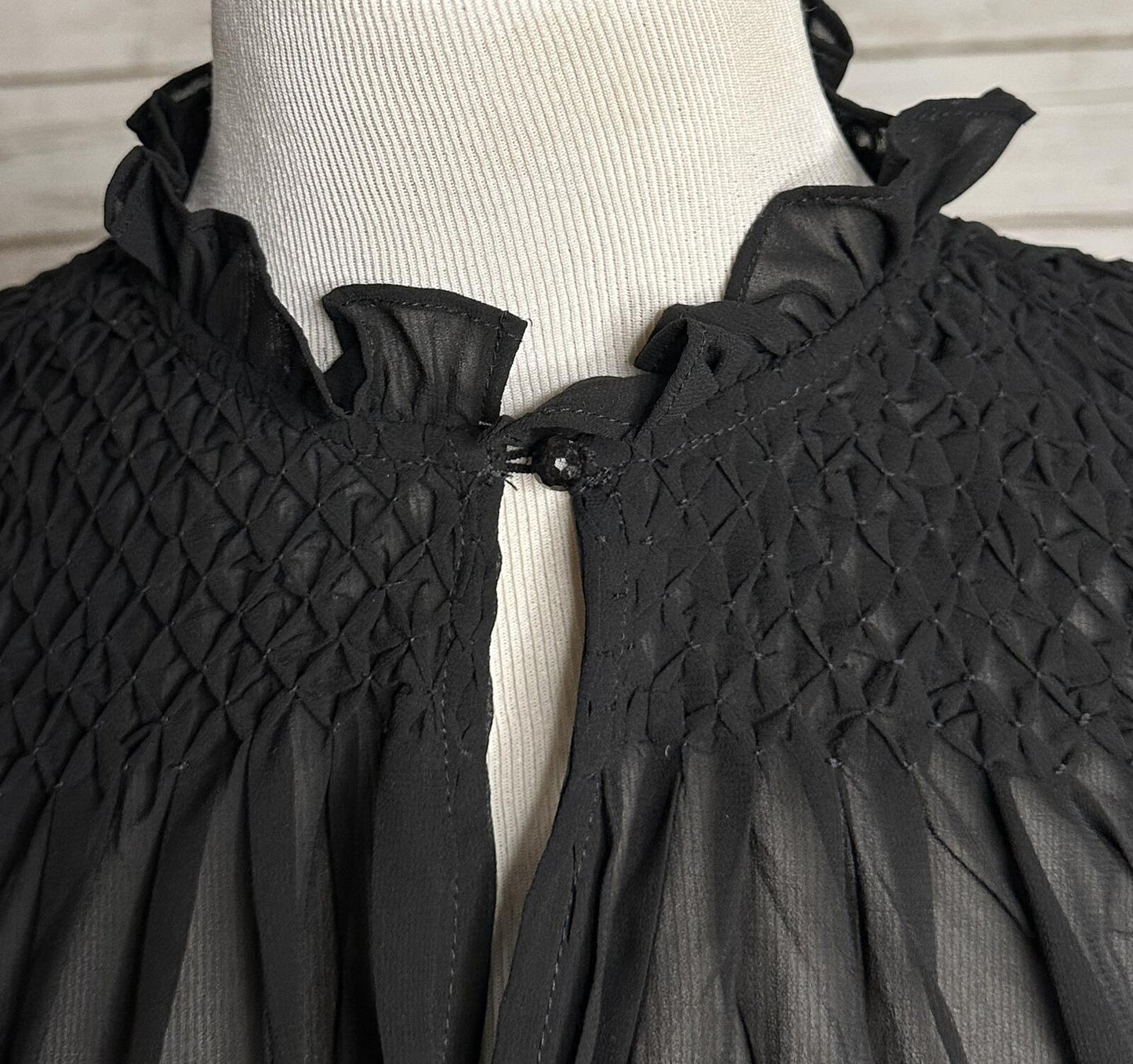 Tuckernuck black smocked sheer chiffon ruffle neck long sleeve poet blouse Small