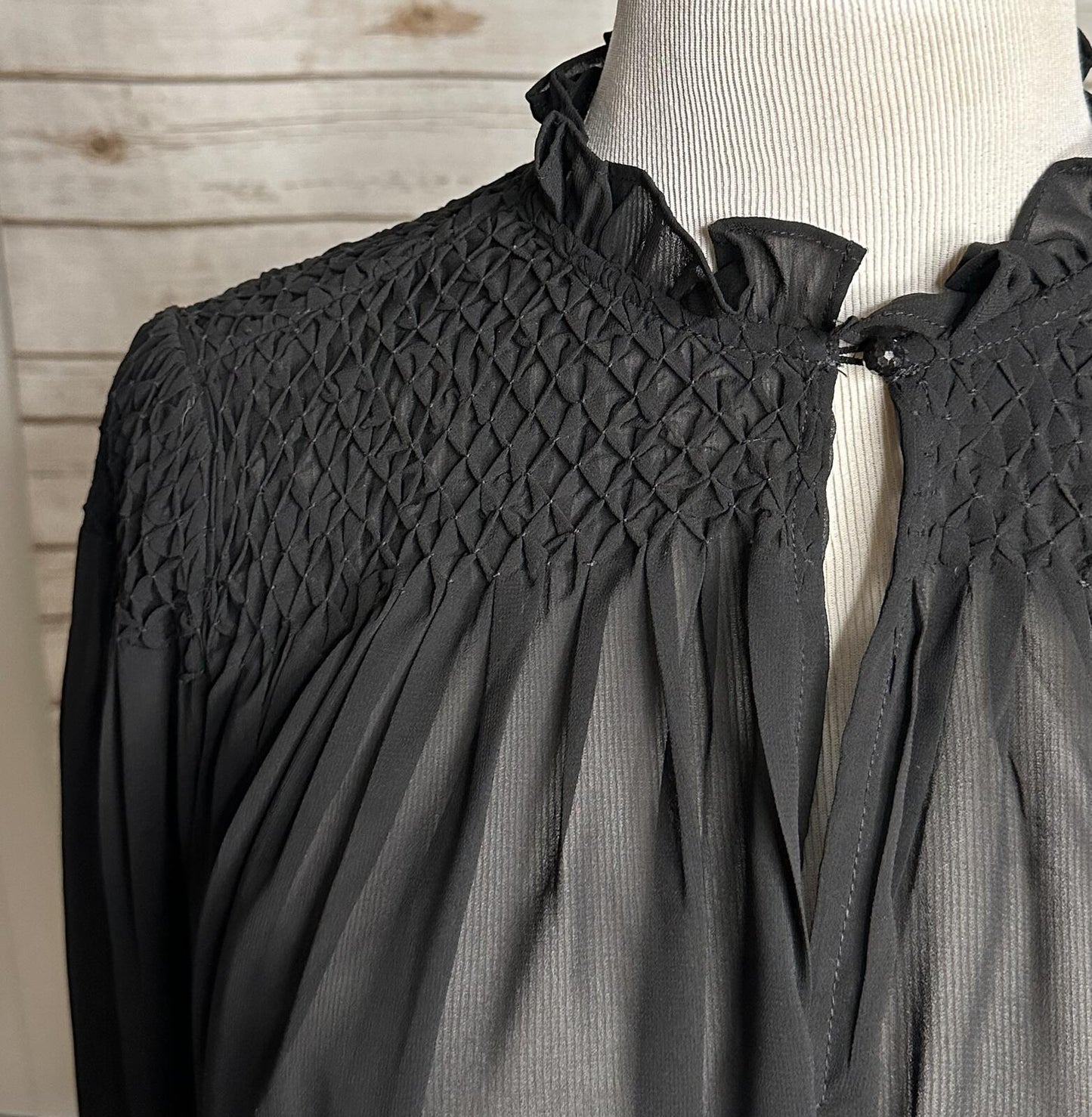 Tuckernuck black smocked sheer chiffon ruffle neck long sleeve poet blouse Small