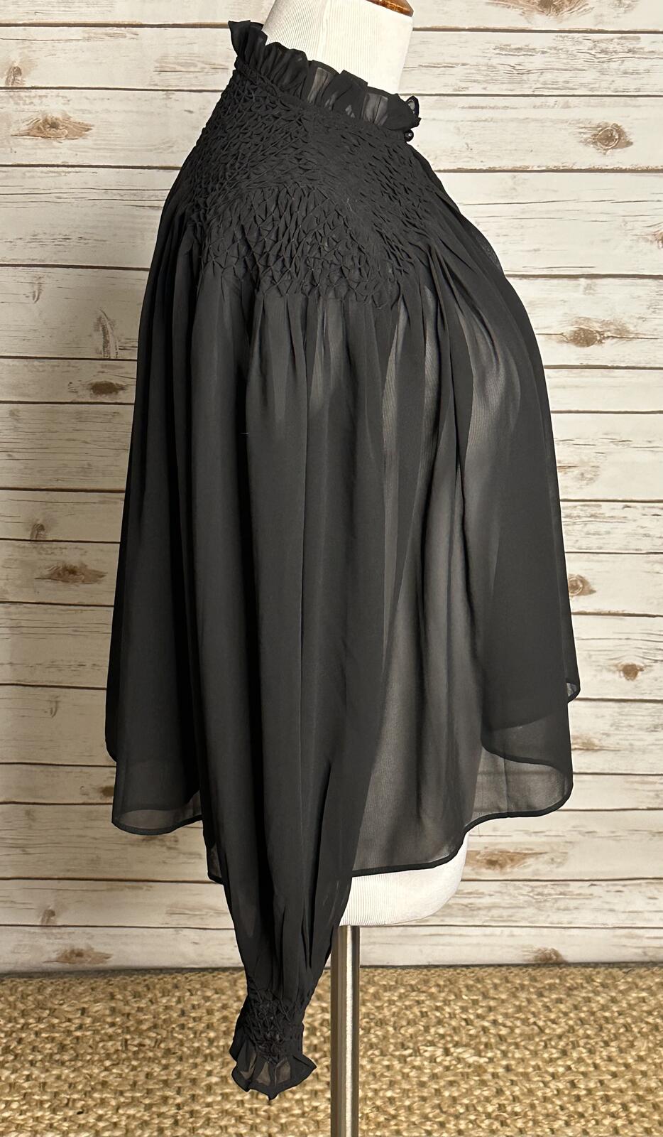 Tuckernuck black smocked sheer chiffon ruffle neck long sleeve poet blouse Small
