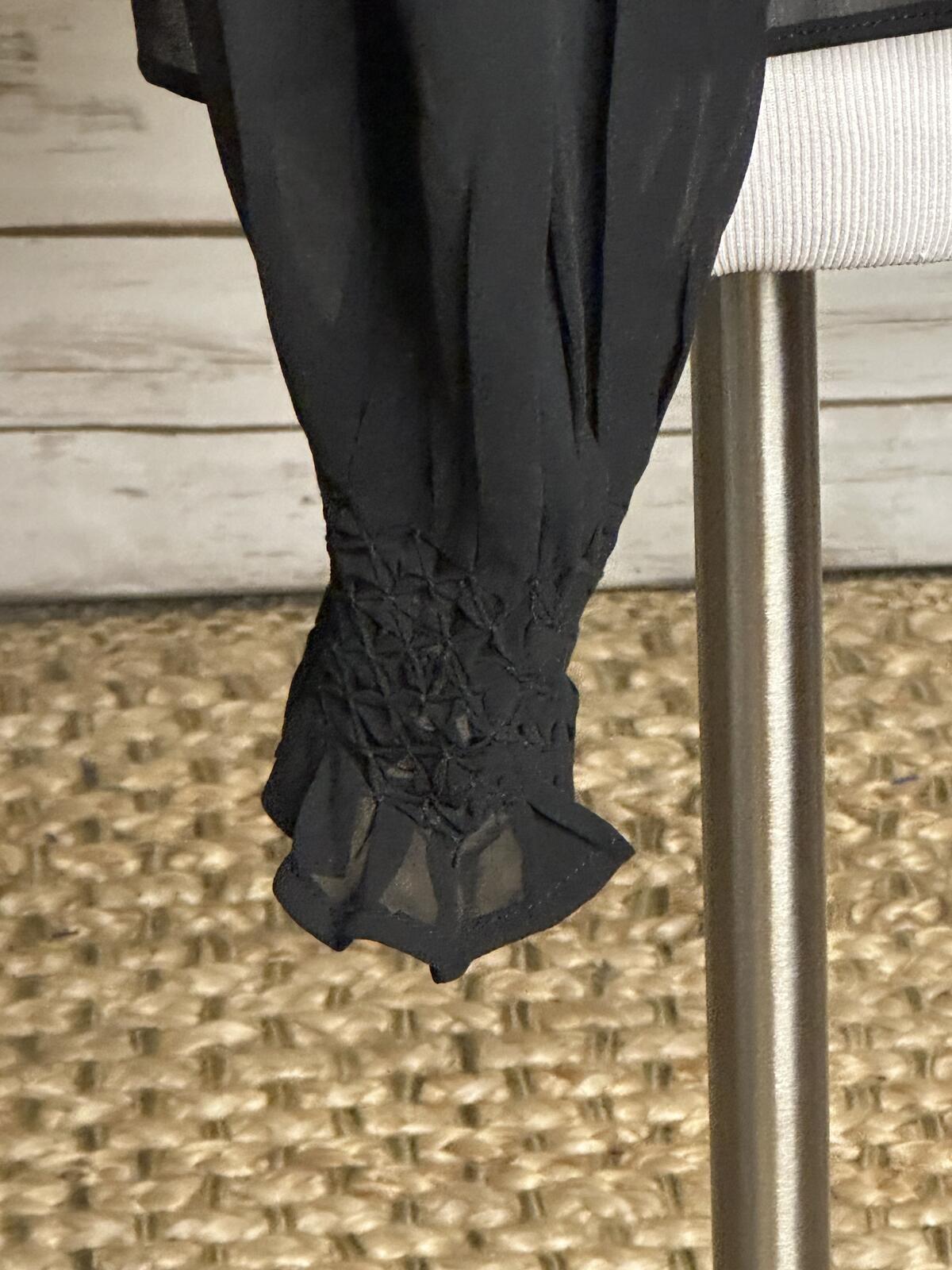 Tuckernuck black smocked sheer chiffon ruffle neck long sleeve poet blouse Small