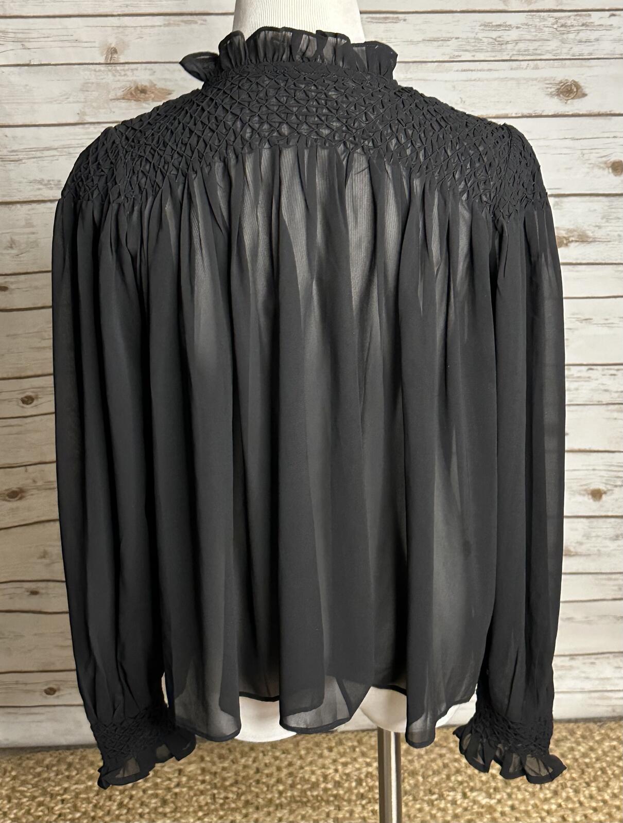 Tuckernuck black smocked sheer chiffon ruffle neck long sleeve poet blouse Small