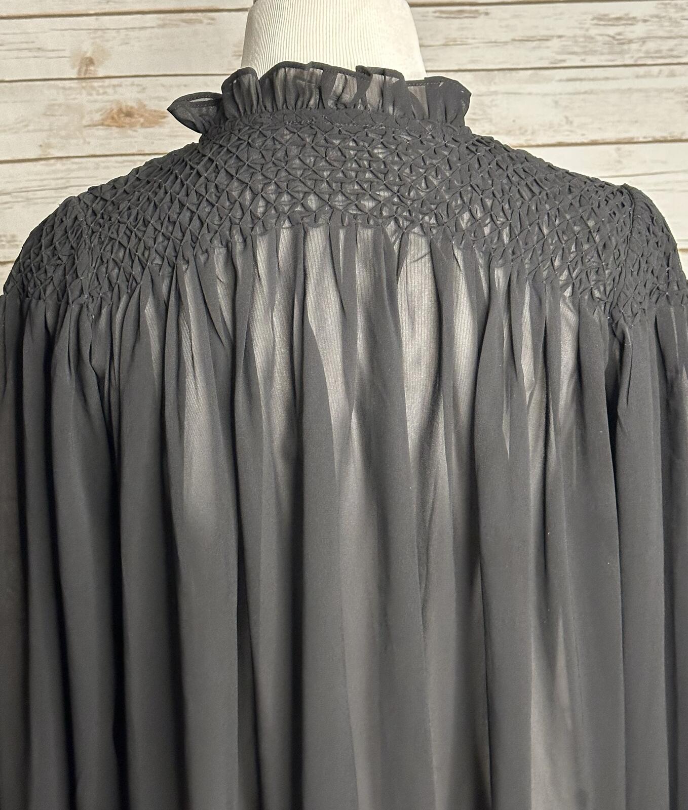 Tuckernuck black smocked sheer chiffon ruffle neck long sleeve poet blouse Small