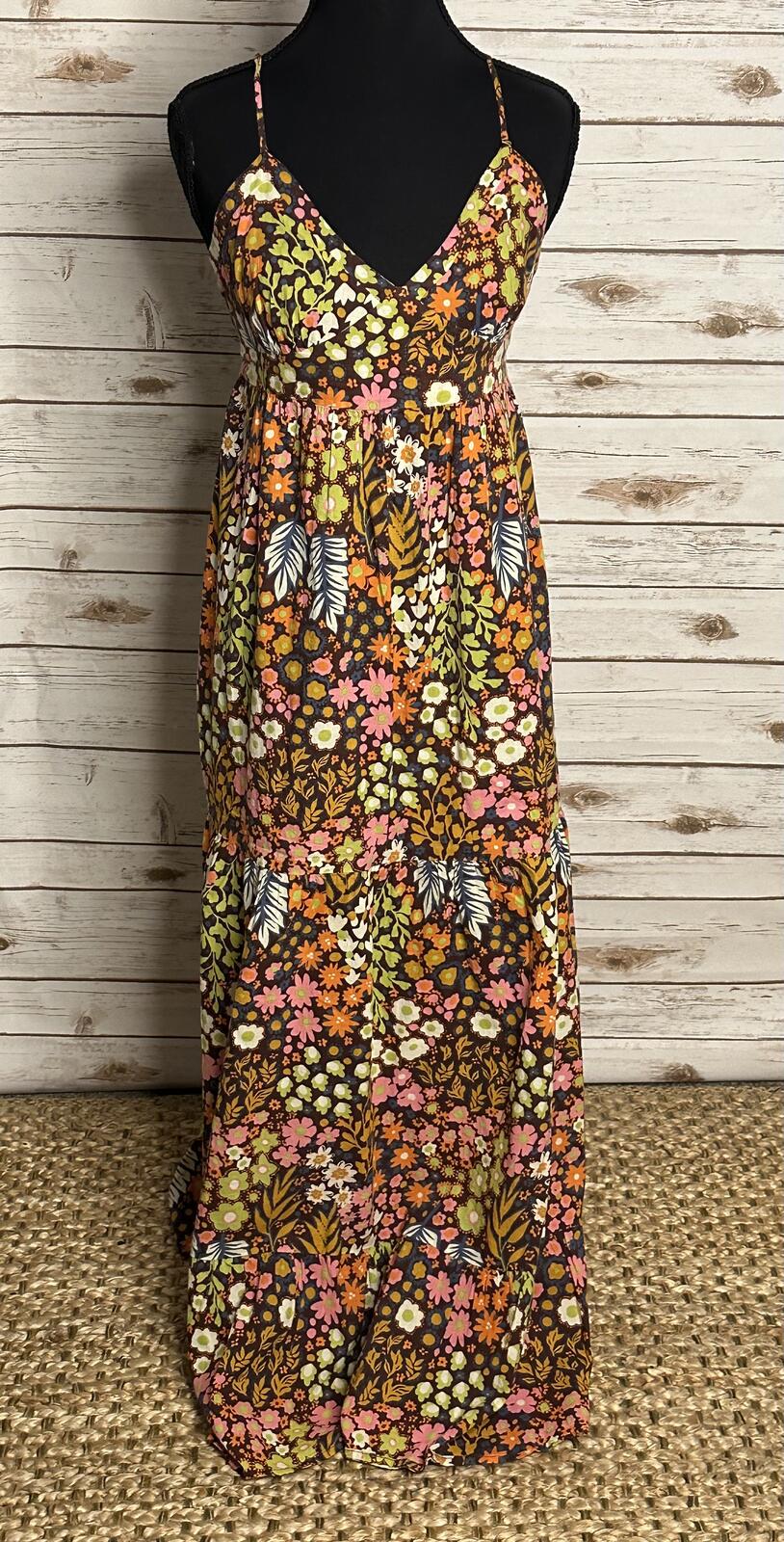 Mossimo Supply Co multicolored floral cotton empire waist maxi dress boho 70s