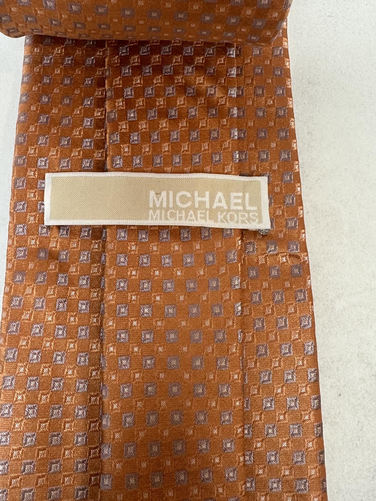 MICHAEL Michael Kors orange grey micro check 100% silk tie classic menswear