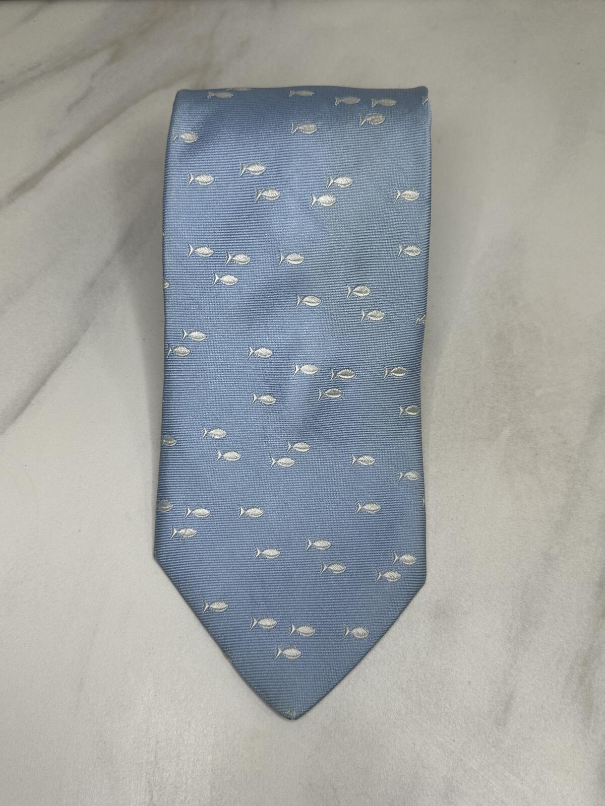 Ted Baker London blue white fish 100% silk tie nautical coastal nautical preppy