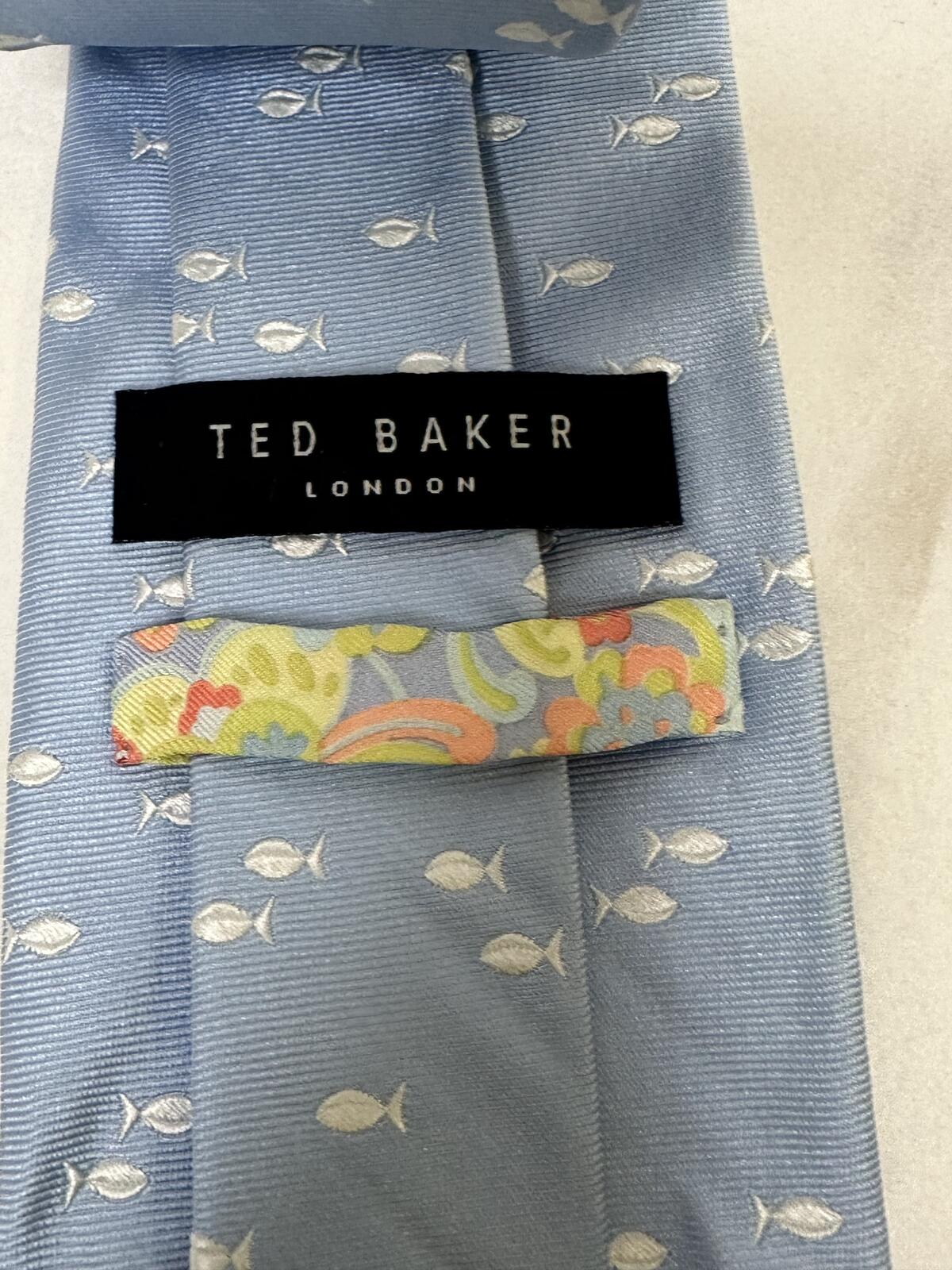 Ted Baker London blue white fish 100% silk tie nautical coastal nautical preppy