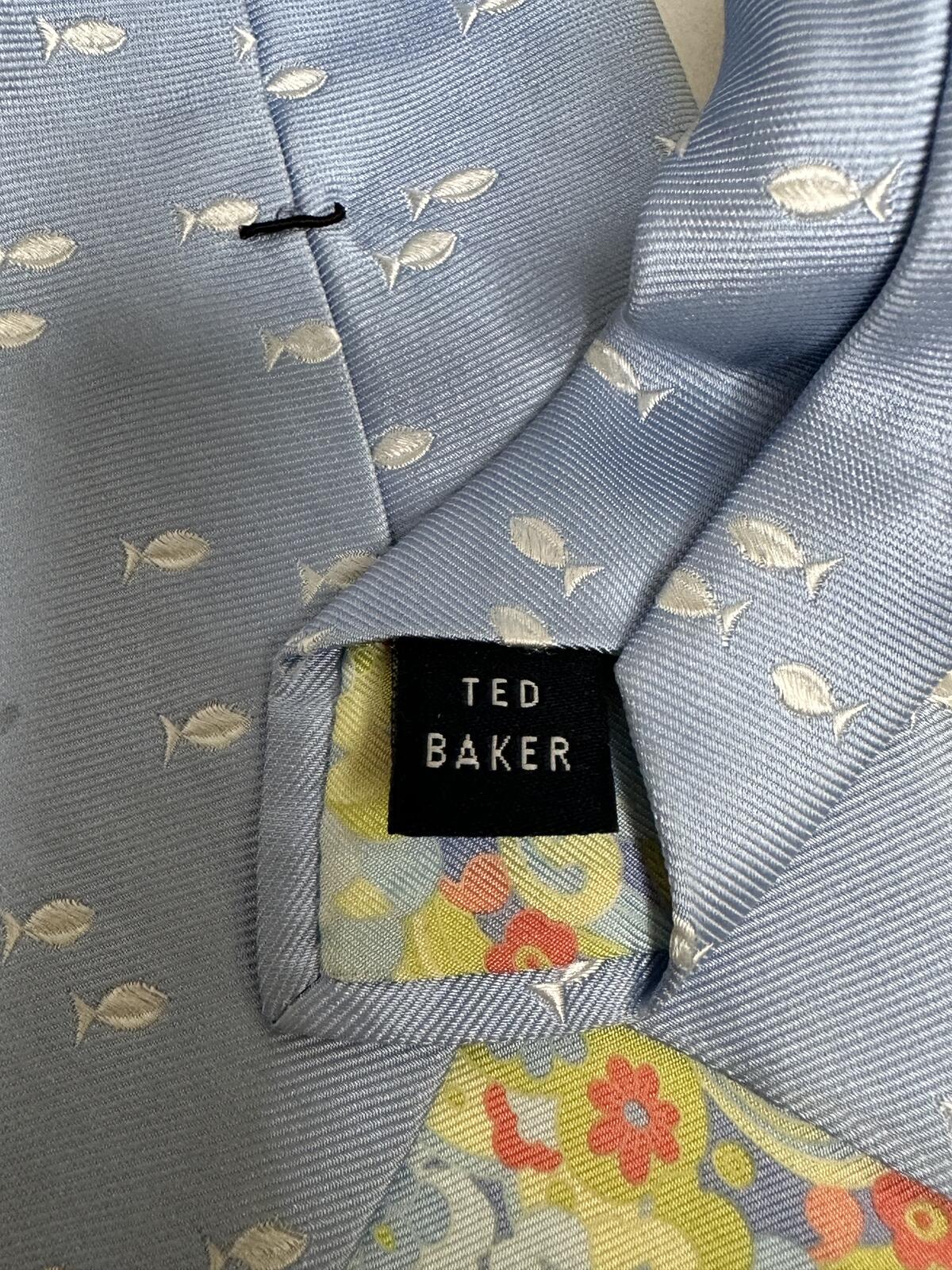 Ted Baker London blue white fish 100% silk tie nautical coastal nautical preppy