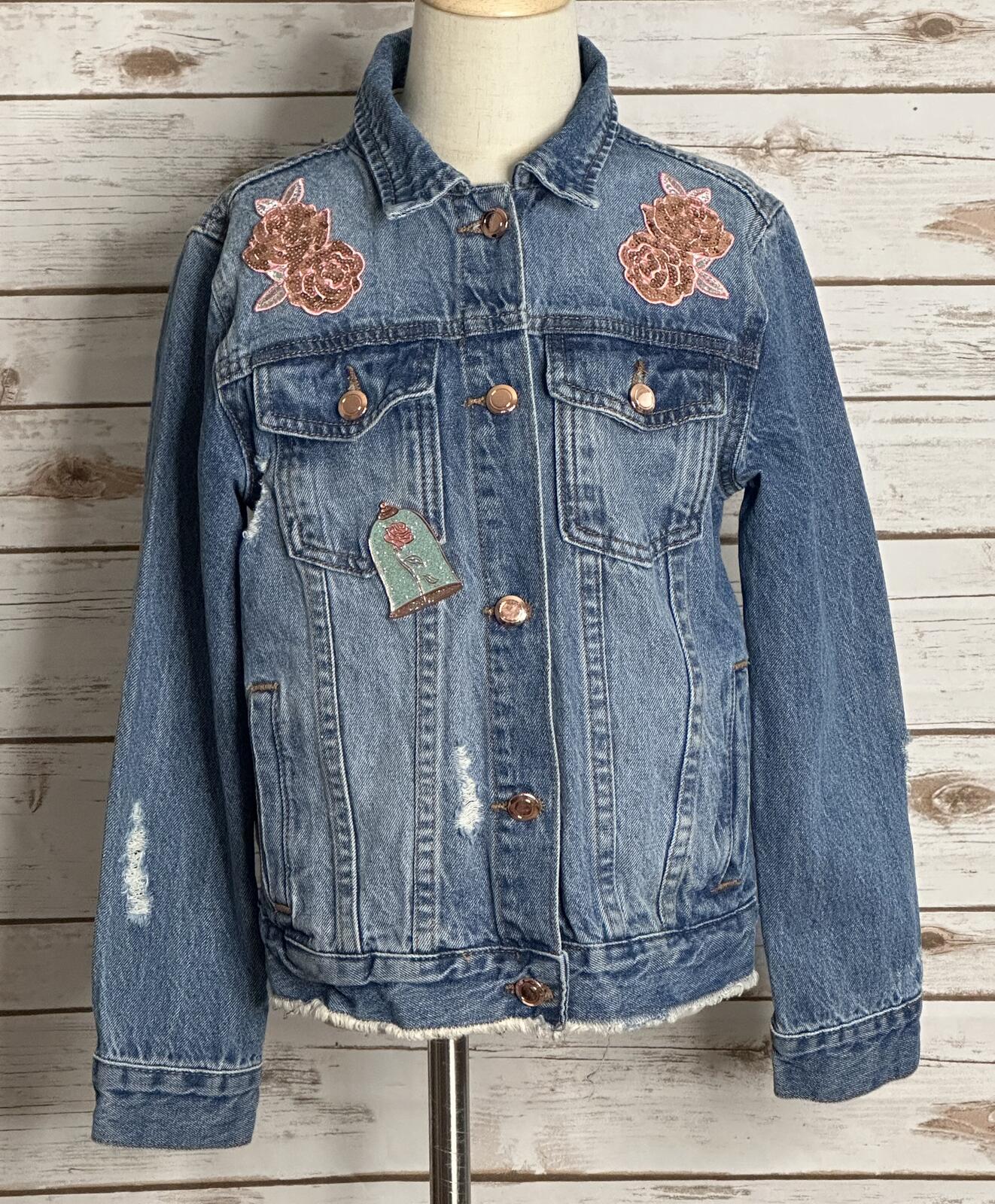 Disney distressed jean jacket Size 7/8 denim medium wash sequin embroidered