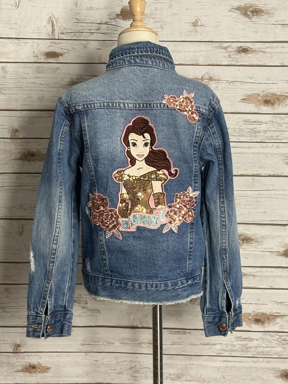Disney distressed jean jacket Size 7/8 denim medium wash sequin embroidered