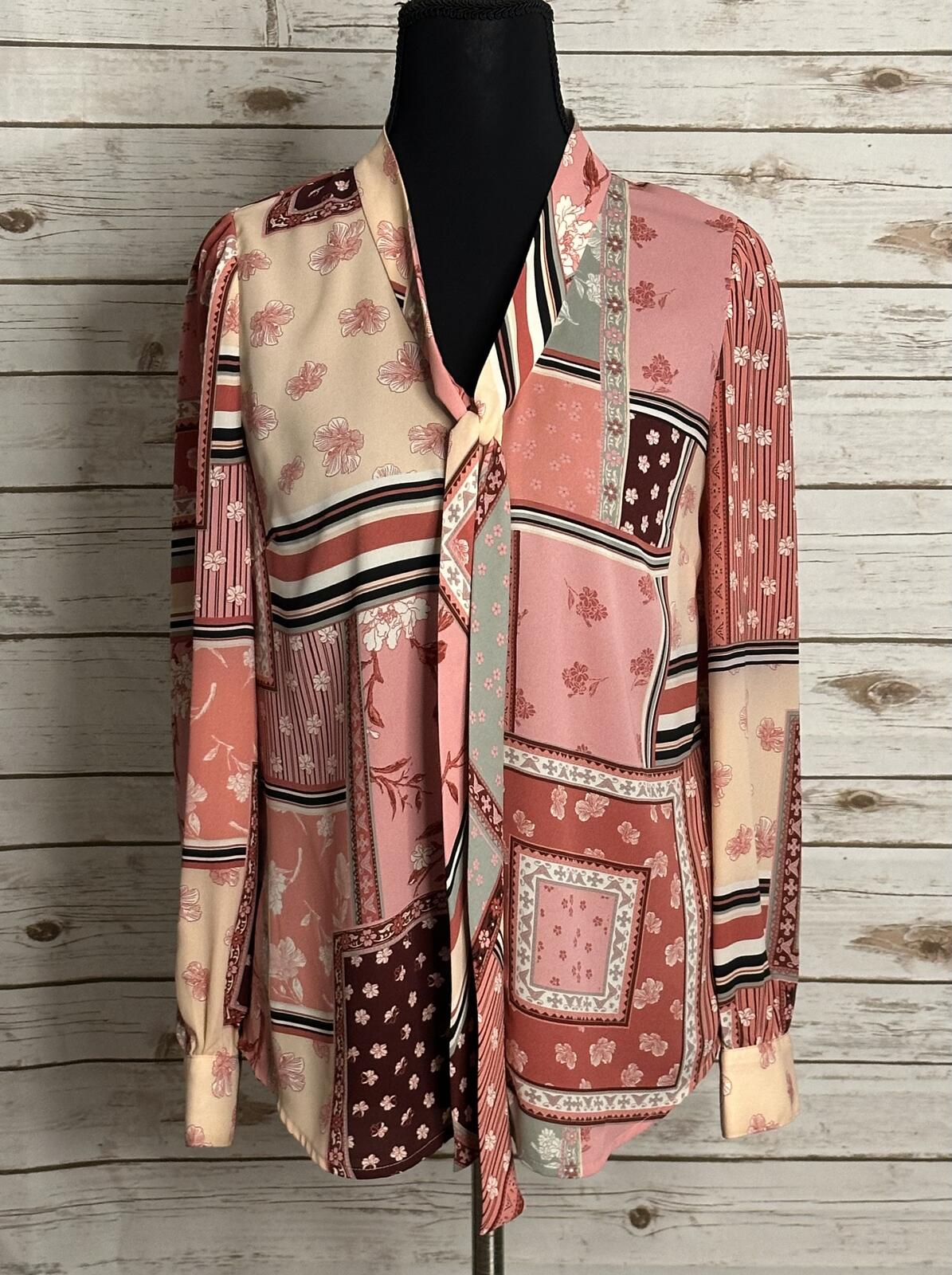 Talbots Petite pink floral patchwork tie neck long sleeve button-up blouse P/XS