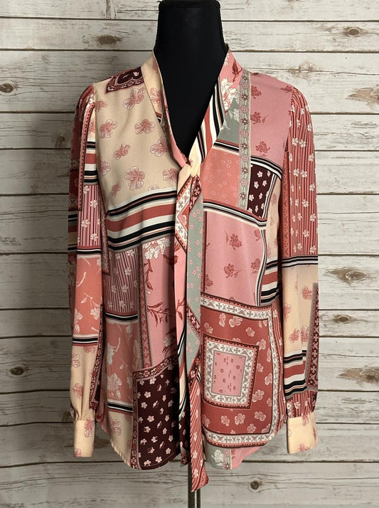 Talbots Petite pink floral patchwork tie neck long sleeve button-up blouse P/XS