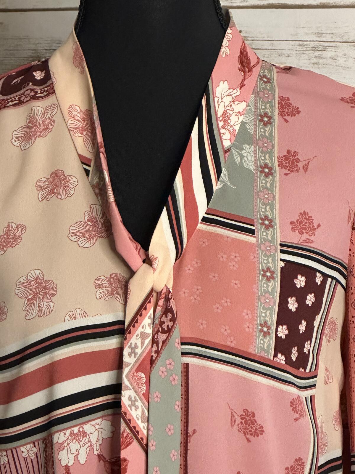 Talbots Petite pink floral patchwork tie neck long sleeve button-up blouse P/XS
