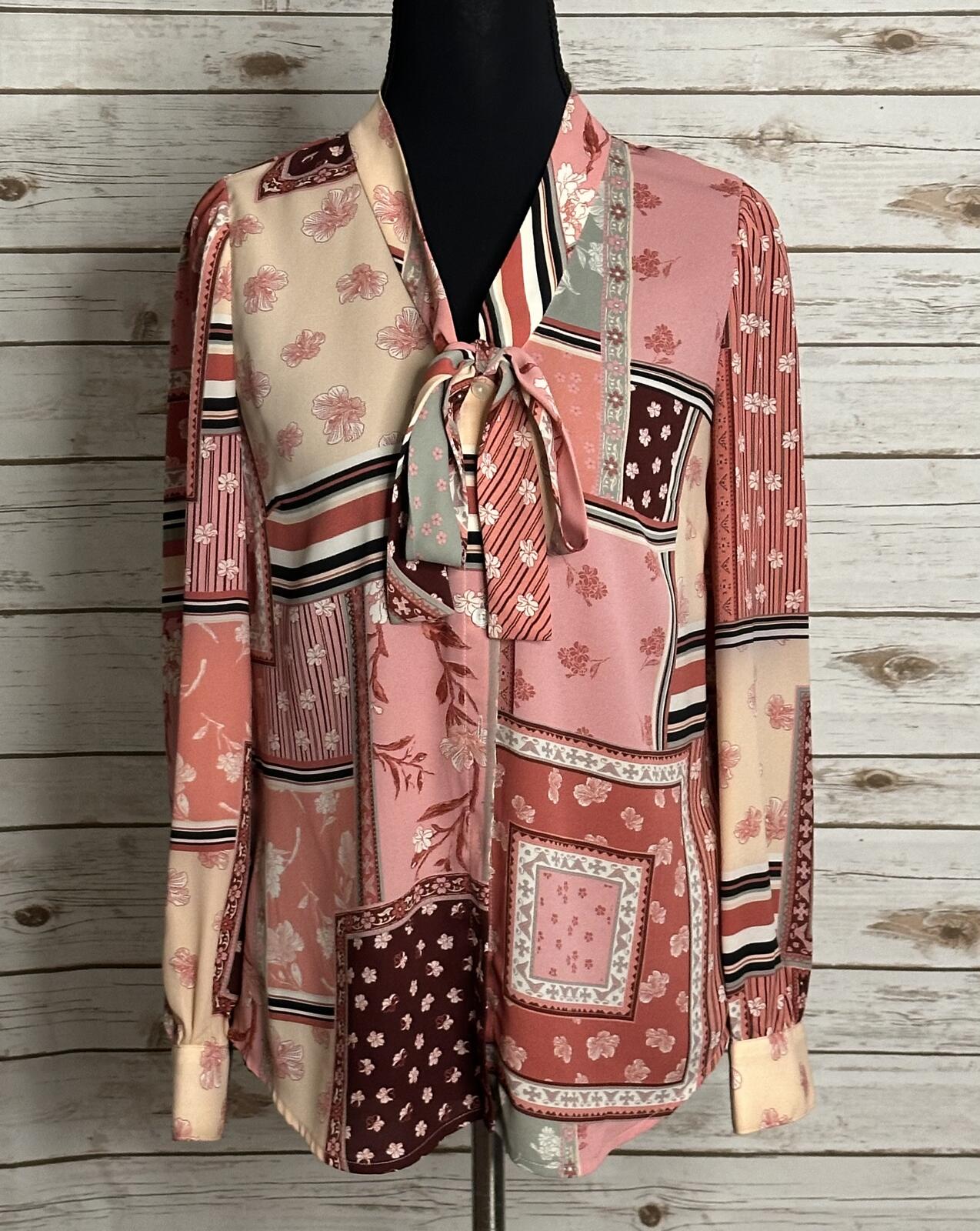 Talbots Petite pink floral patchwork tie neck long sleeve button-up blouse P/XS