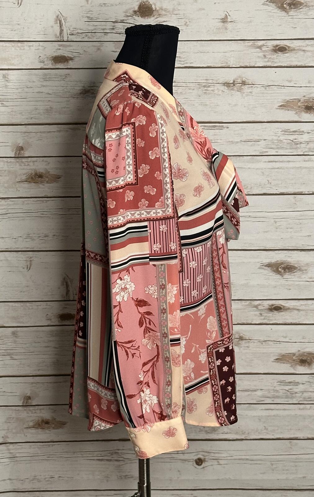 Talbots Petite pink floral patchwork tie neck long sleeve button-up blouse P/XS