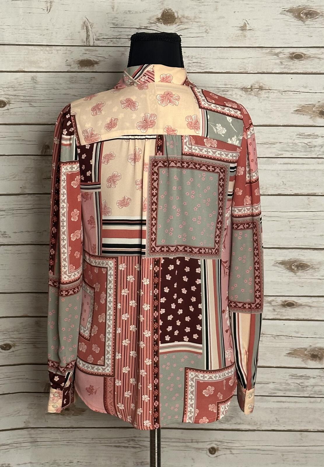 Talbots Petite pink floral patchwork tie neck long sleeve button-up blouse P/XS