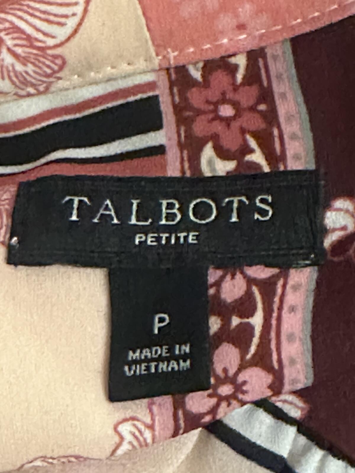 Talbots Petite pink floral patchwork tie neck long sleeve button-up blouse P/XS