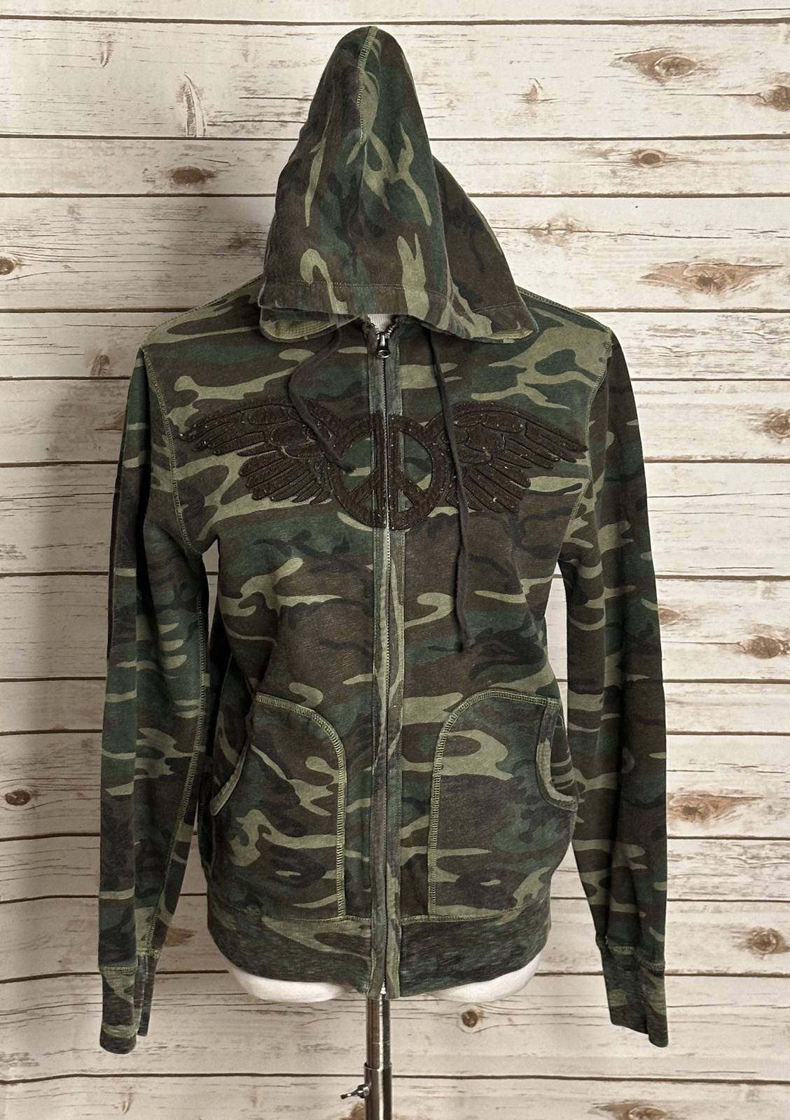Vintage Lucky Brand military camo embroidered peace sign full zip hoodie Medium