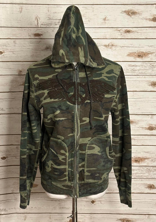 Vintage Lucky Brand military camo embroidered peace sign full zip hoodie Medium
