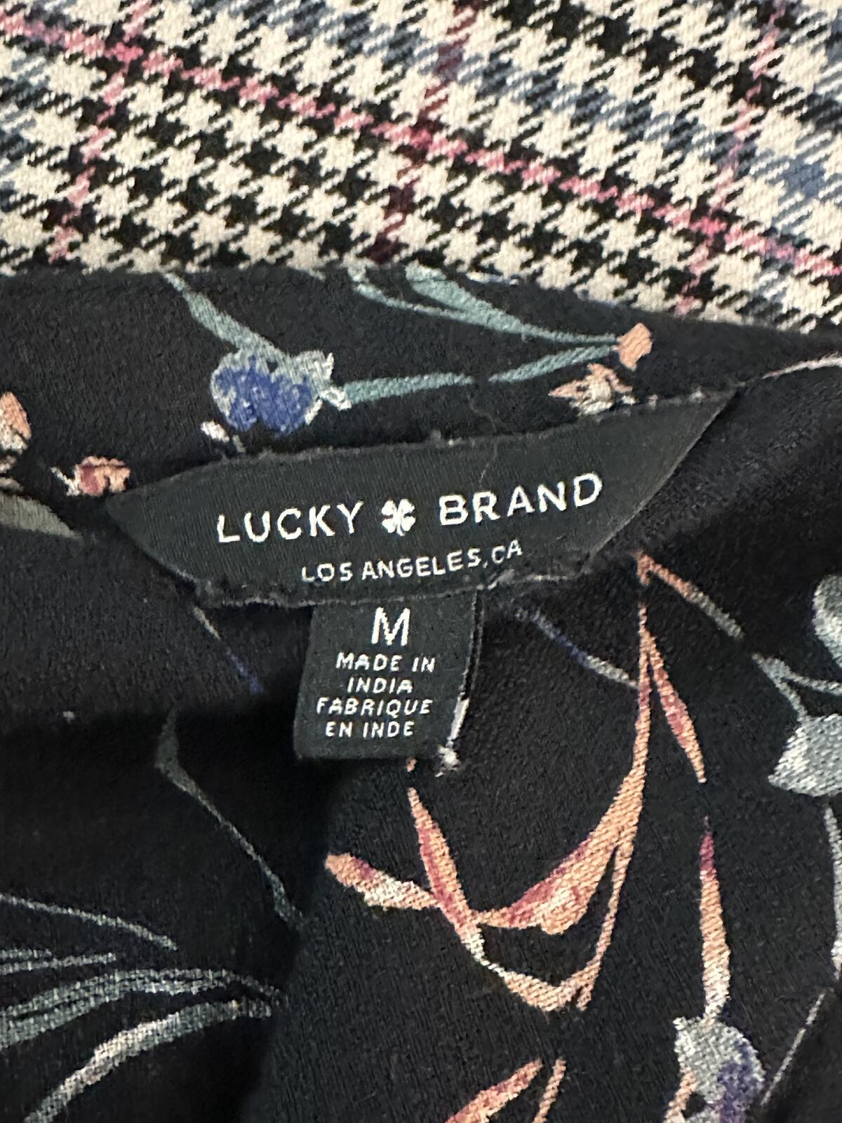Lucky Brand dark floral split V-neck smocked long sleeve peasant top Medium boho