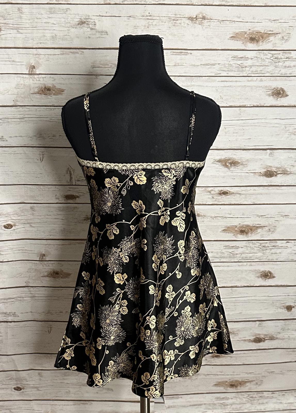 Vintage Victoria's Secret black/gold floral lace-trim satin matching set Small