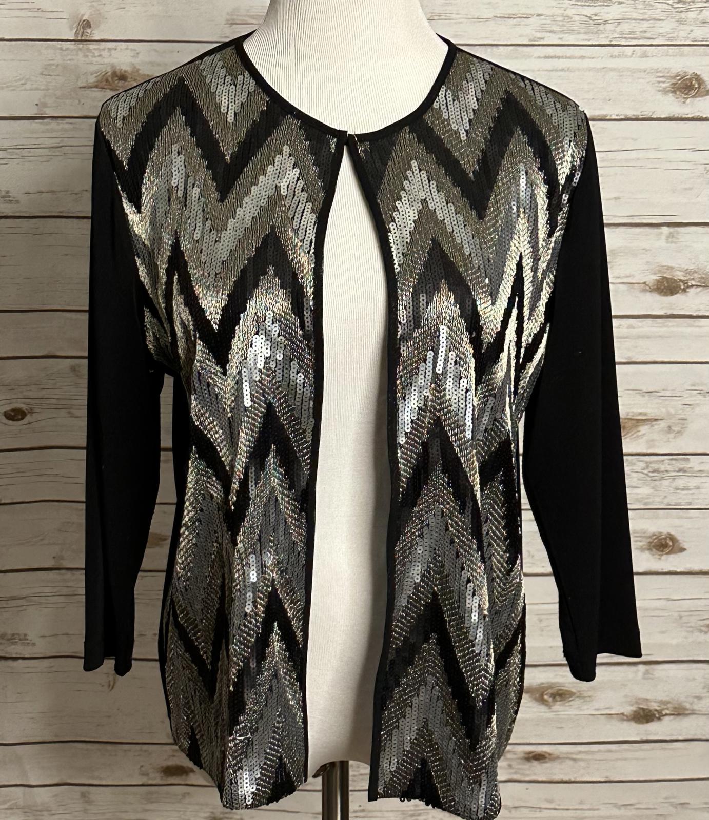 Travelers by Chico's black/silver sequin chevron open front jacket Size 2/L/12
