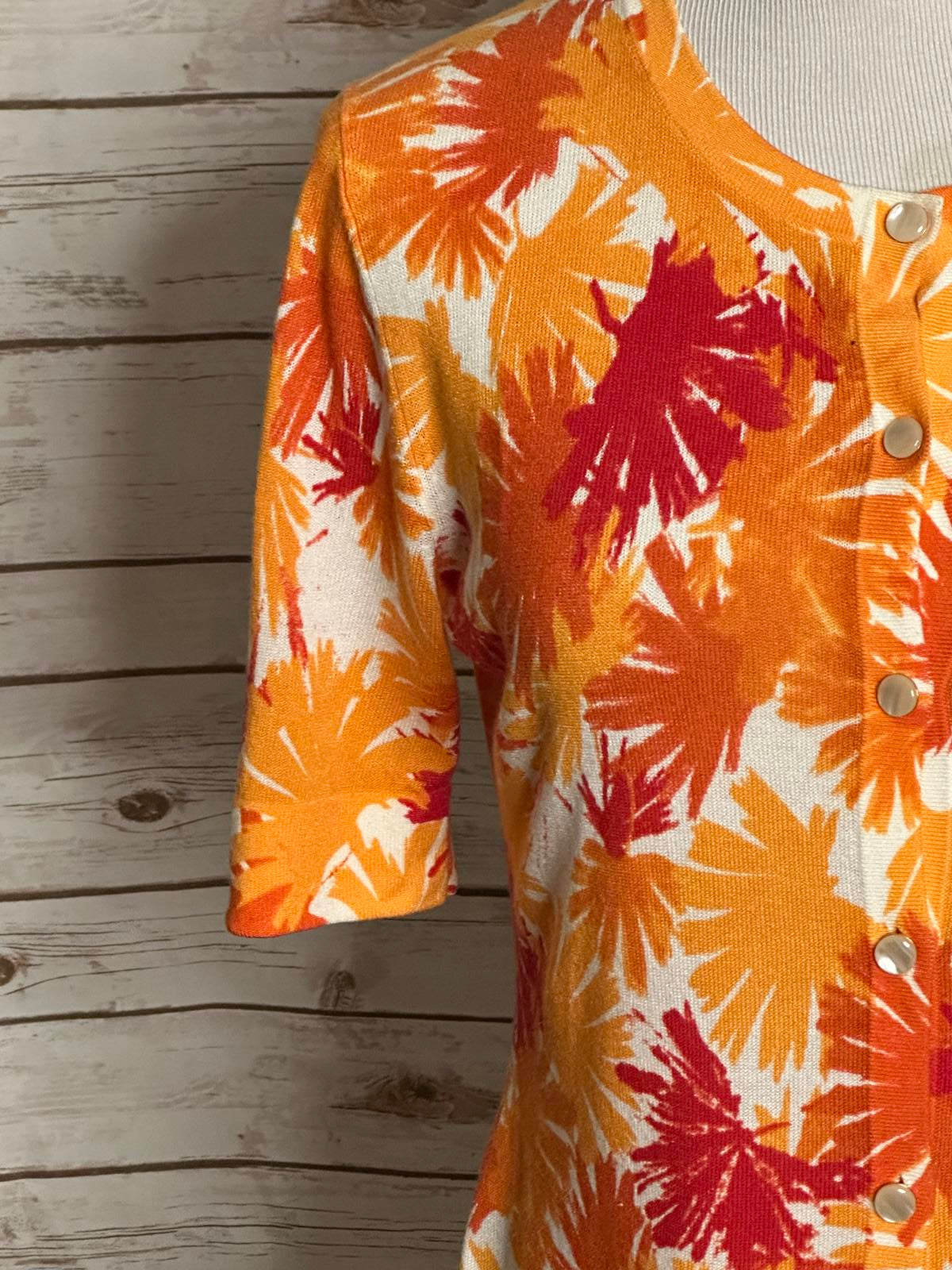 Lafayette 148 New York artsy orange/red short sleeve cardigan sweater Size M